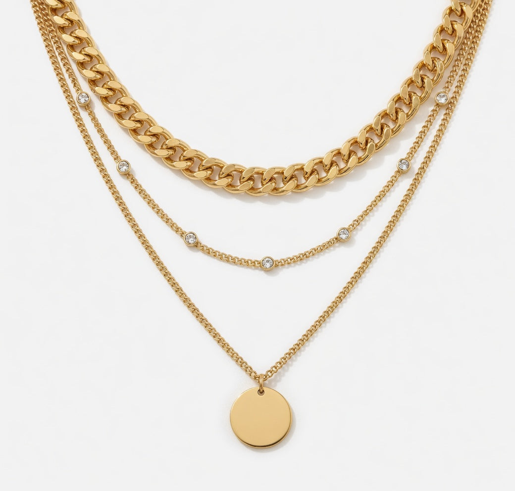 Gold Plated Layered Pendant Necklace Set for Women - Geometric Crystal Pendant Choker, Classic Vintage Style Jewelry