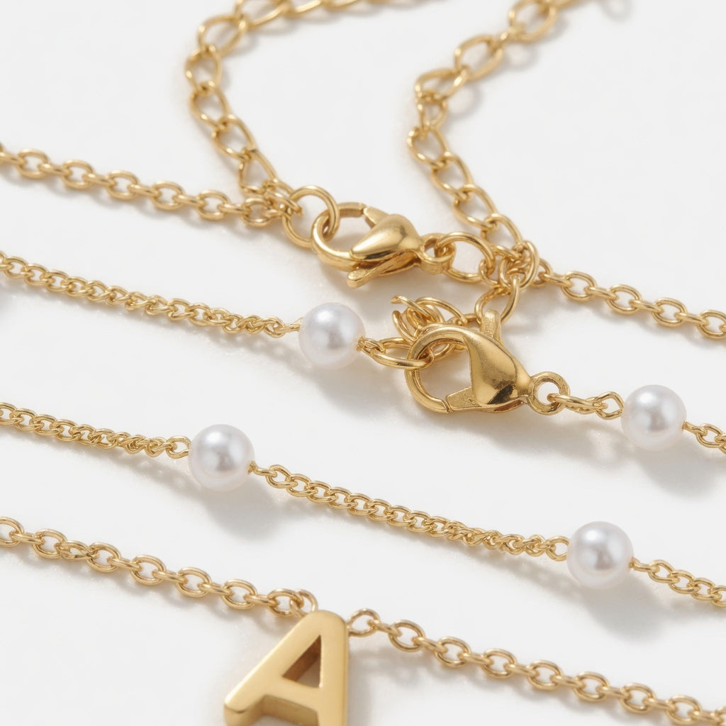 Layered Initial Letter Pearl Necklace for Women - 14K Gold Plated Personalized Monogram Charm Choker