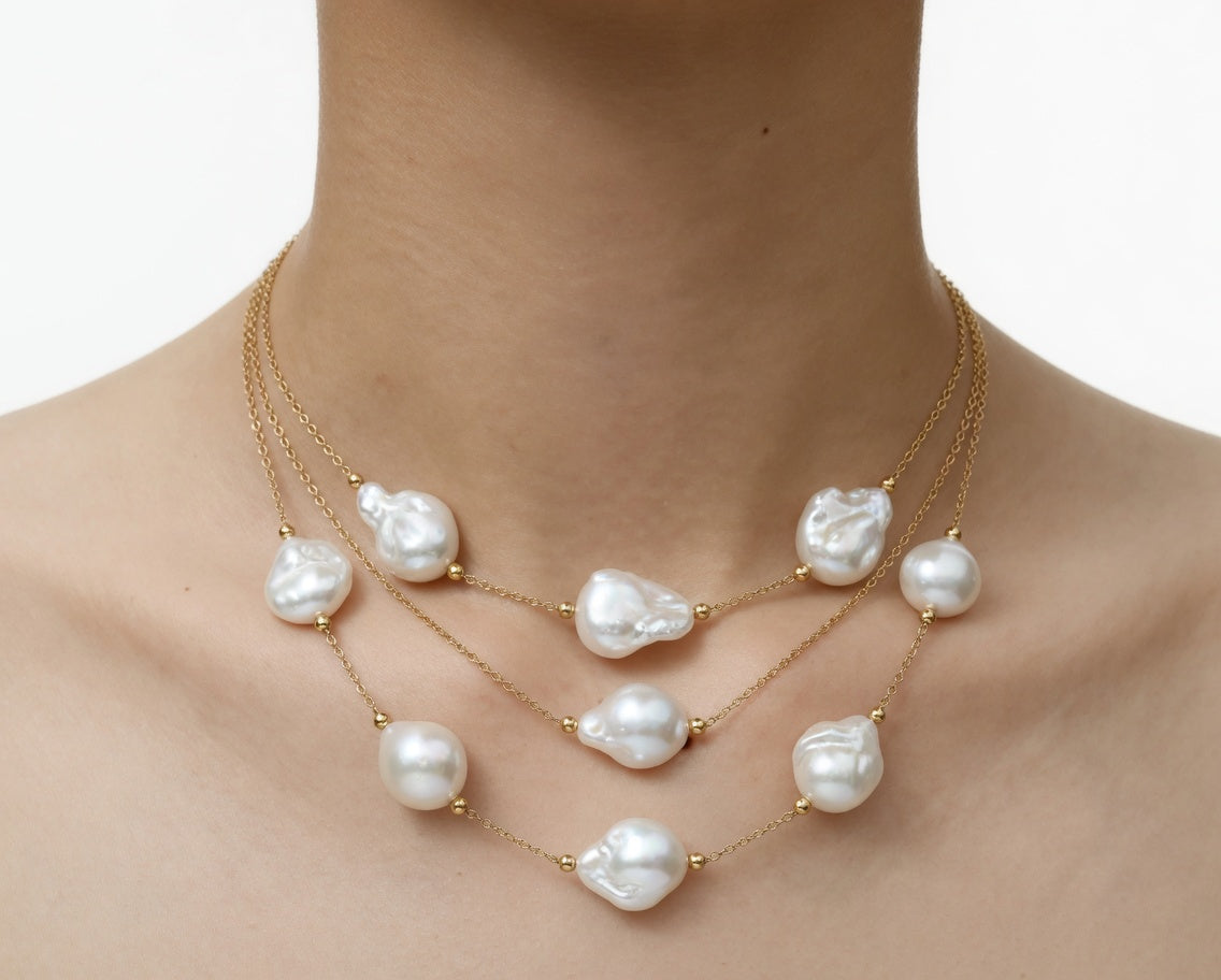 Trendy Baroque Pearl Layered Necklace for Women - Gold Stainless Steel Chain Pendant Choker