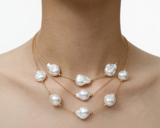 Trendy Baroque Pearl Layered Necklace for Women - Gold Stainless Steel Chain Pendant Choker
