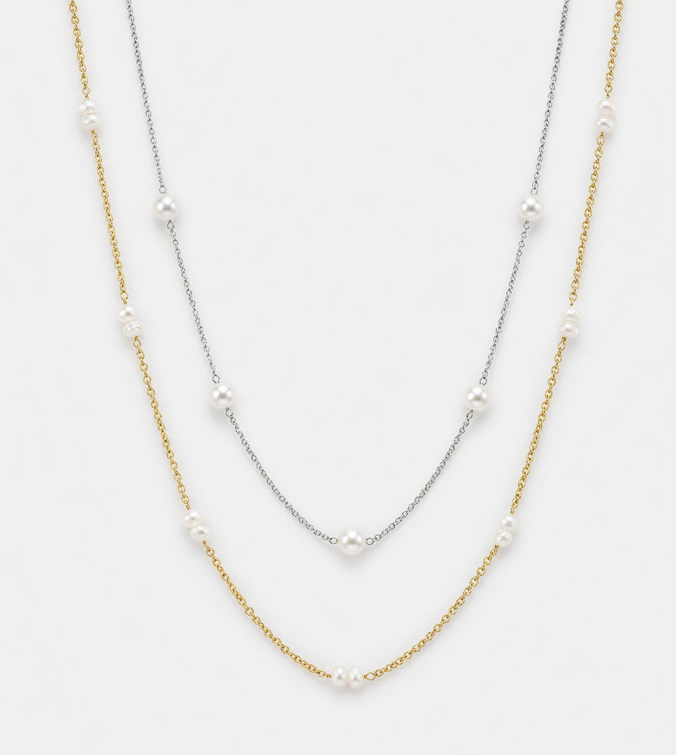 Trendy Baroque Pearl Layered Necklace for Women - Gold Stainless Steel Chain Pendant Choker