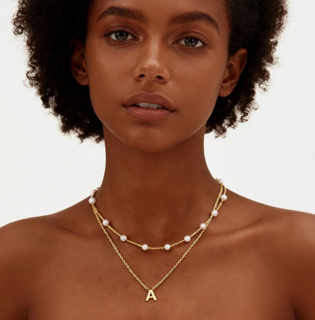 Layered Initial Letter Pearl Necklace for Women - 14K Gold Plated Personalized Monogram Charm Choker