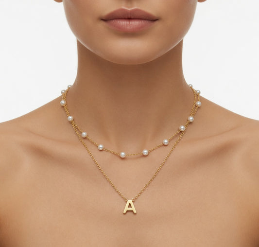 Layered Initial Letter Pearl Necklace for Women - 14K Gold Plated Personalized Monogram Charm Choker