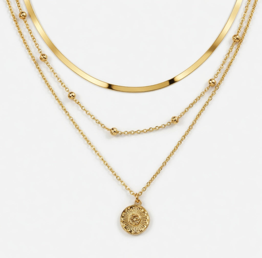 Gold Plated Layered Pendant Necklace Set for Women - Geometric Crystal Pendant Choker, Classic Vintage Style Jewelry