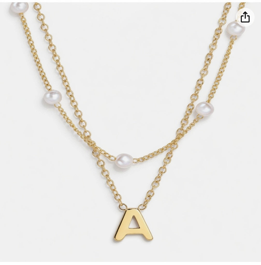 Layered Initial Letter Pearl Necklace for Women - 14K Gold Plated Personalized Monogram Charm Choker