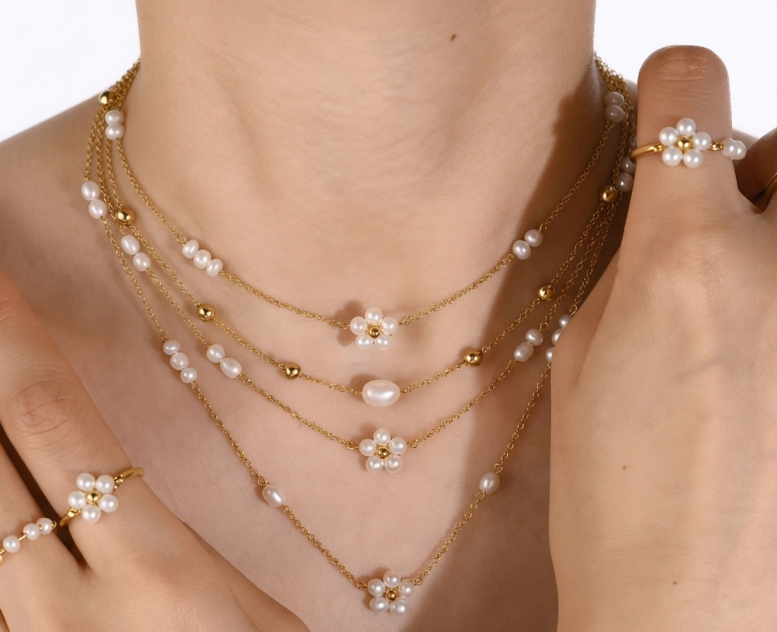Trendy Baroque Pearl Layered Necklace for Women - Gold Stainless Steel Chain Pendant Choker