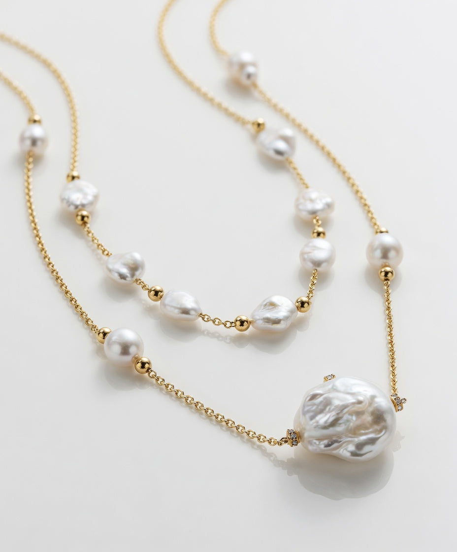 Trendy Baroque Pearl Layered Necklace for Women - Gold Stainless Steel Chain Pendant Choker