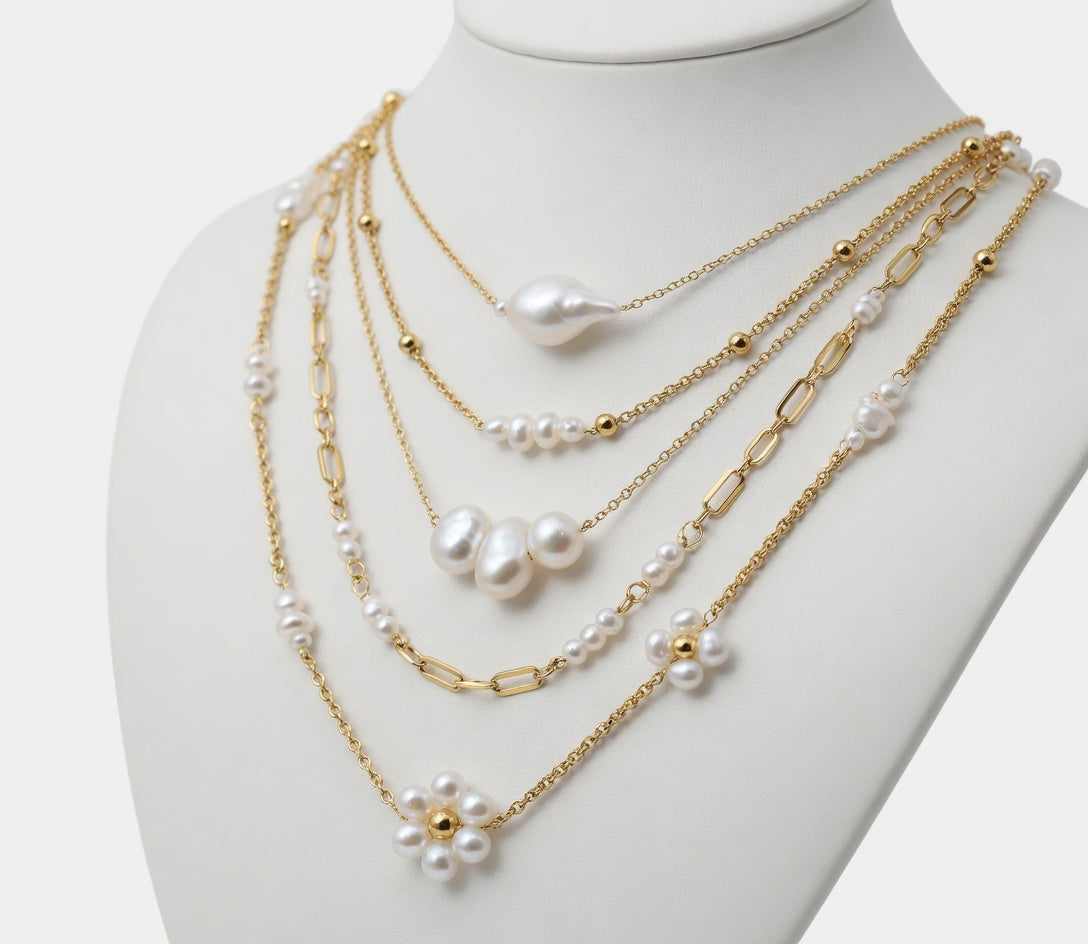 Trendy Baroque Pearl Layered Necklace for Women - Gold Stainless Steel Chain Pendant Choker