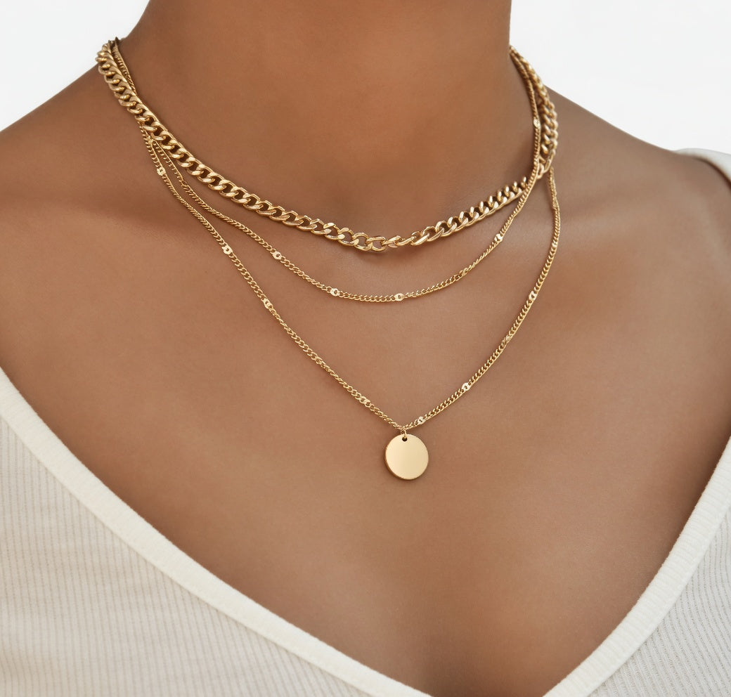 Gold Plated Layered Pendant Necklace Set for Women - Geometric Crystal Pendant Choker, Classic Vintage Style Jewelry