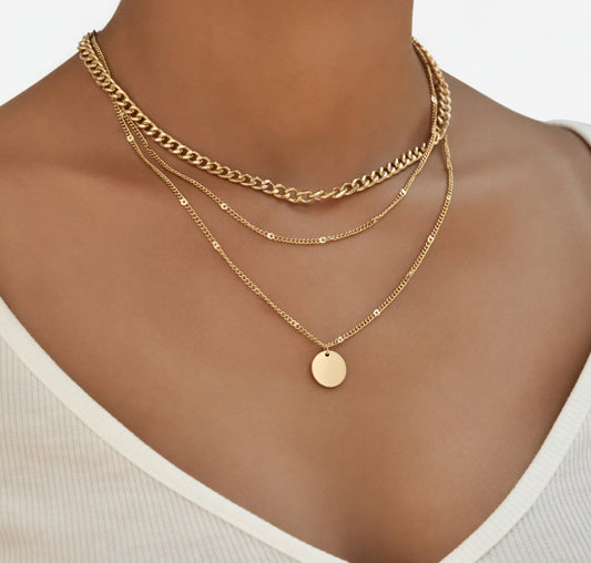 Gold Plated Layered Pendant Necklace Set for Women - Geometric Crystal Pendant Choker, Classic Vintage Style Jewelry