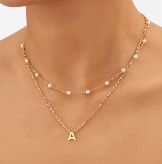 Layered Initial Letter Pearl Necklace for Women - 14K Gold Plated Personalized Monogram Charm Choker