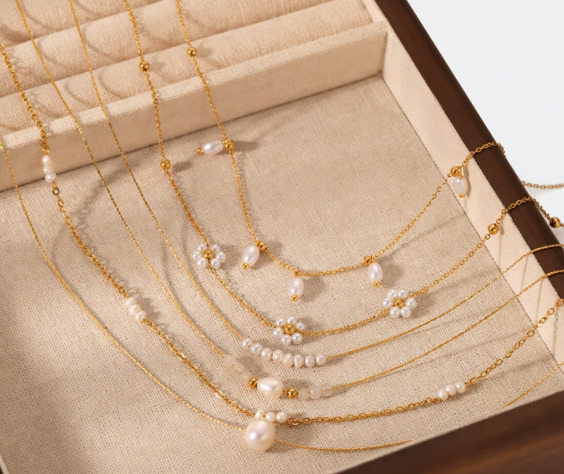 Trendy Baroque Pearl Layered Necklace for Women - Gold Stainless Steel Chain Pendant Choker